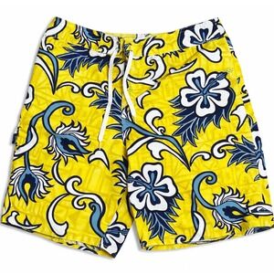 Quiksilver Board Shorts Mens 34 Yellow Floral Swim Trunks Surf Beach